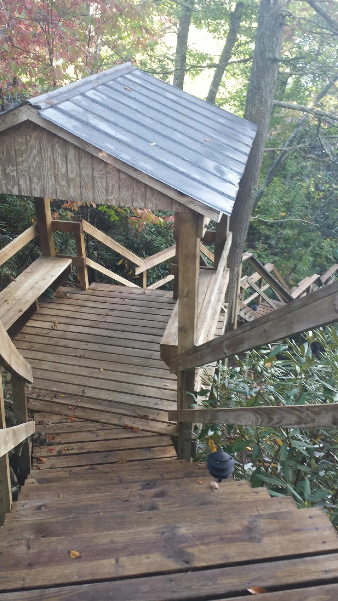 Metal roofed shelter over wooden steps on a wooded walkway — Skylight Repair & Installation work by our crew in Cinebar